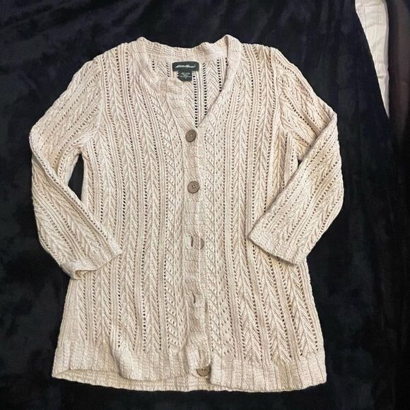 Eddie Bauer‎ beige cardigan sweater 55% linen, size small - Picture 3 of 15